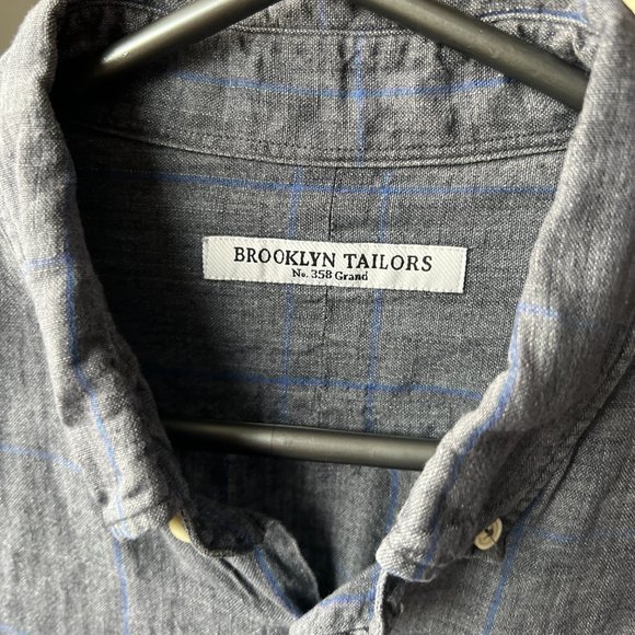 Brooklyn Tailors Slim Linen Shirt Gray with Blue Cross Stripes Men's Size 04 M - Picture 3 of 7